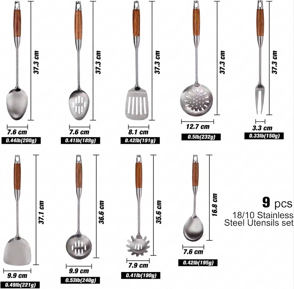 Stylish high-quality wood and steel cooking utensils.