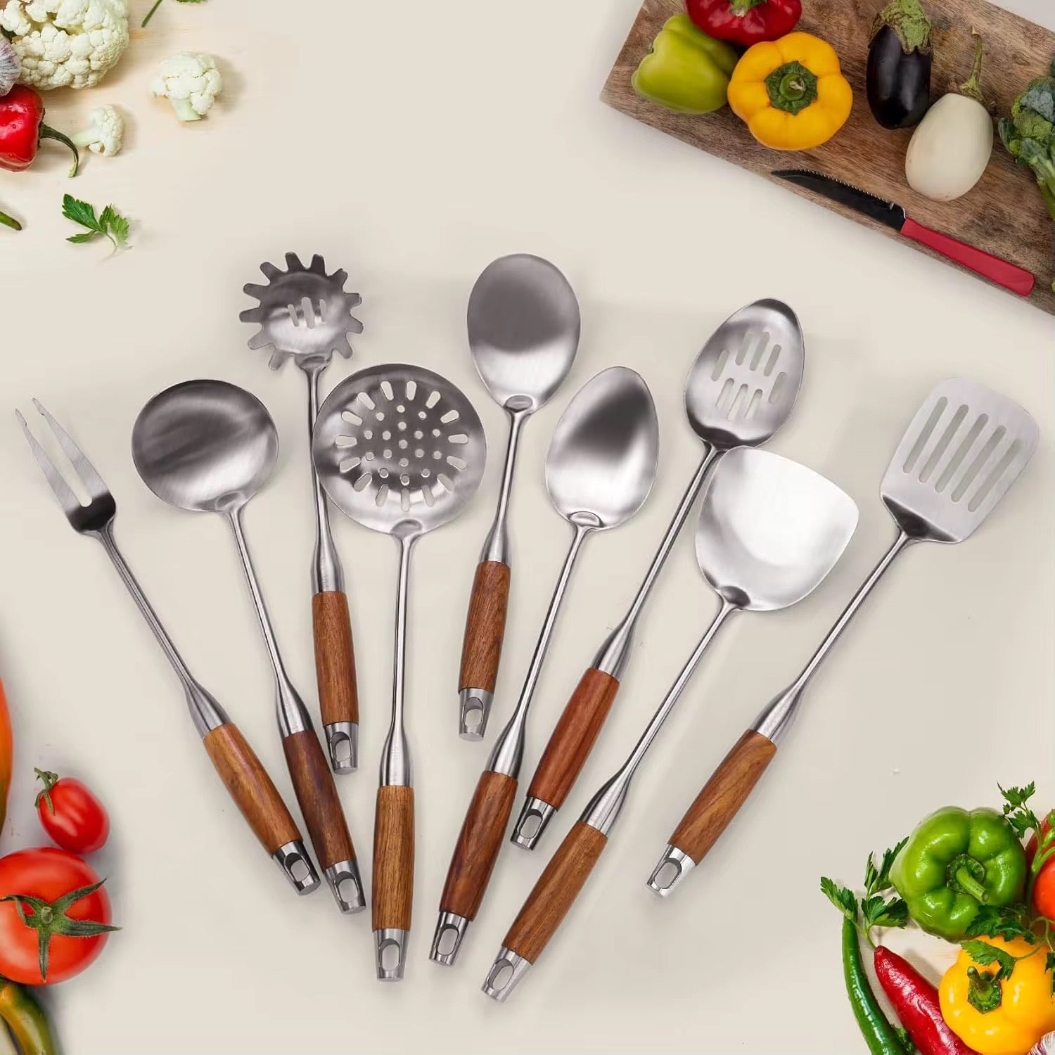 Stylish high-quality wood and steel cooking utensils.