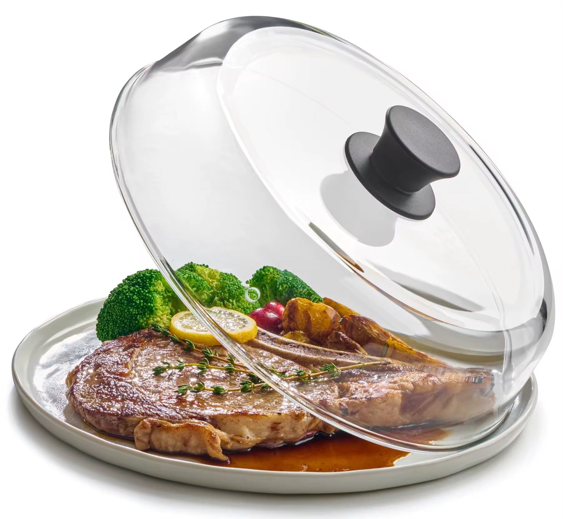 Plastic-free glass microwave lid.